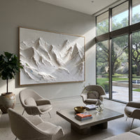 Close White Summit Wall is written from the actual artwork image, focusing on close white summit wall with bold knife-carved peaks and vertical snow channels. The visible composition is specific rather than generic: large foreground peaks, deep vertical snow channels, and a tightly framed wall of alpine texture. The balanced horizontal layout controls how the eye travels through the scene, with the mountain mass, valley floor, tree line, water edge, or small figure details arranged to create