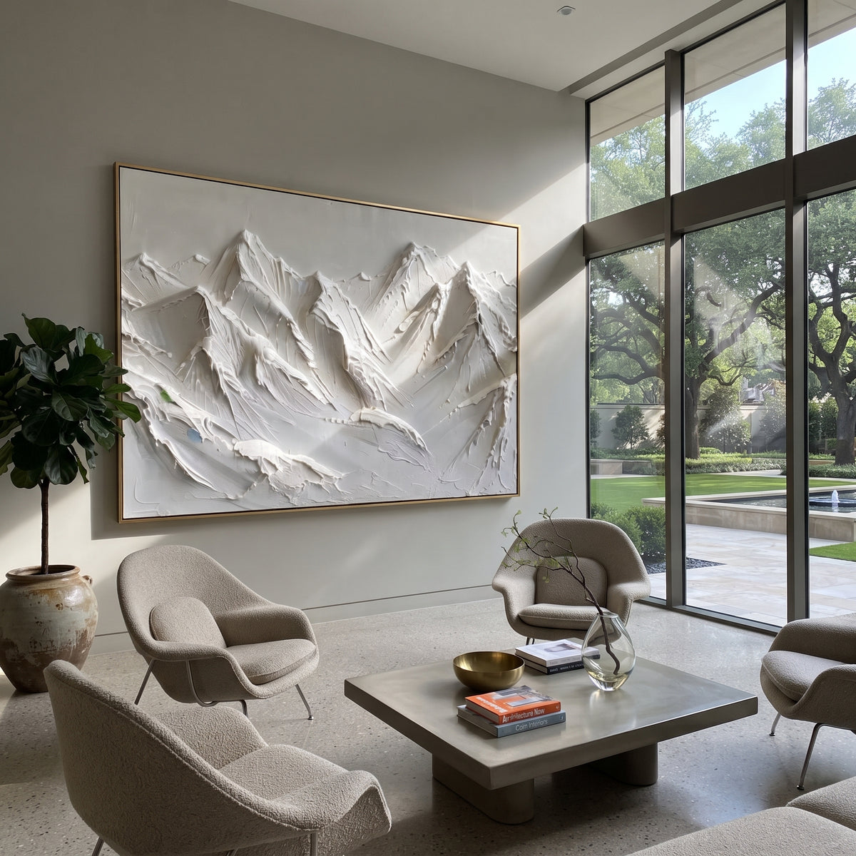 Close White Summit Wall is written from the actual artwork image, focusing on close white summit wall with bold knife-carved peaks and vertical snow channels. The visible composition is specific rather than generic: large foreground peaks, deep vertical snow channels, and a tightly framed wall of alpine texture. The balanced horizontal layout controls how the eye travels through the scene, with the mountain mass, valley floor, tree line, water edge, or small figure details arranged to create