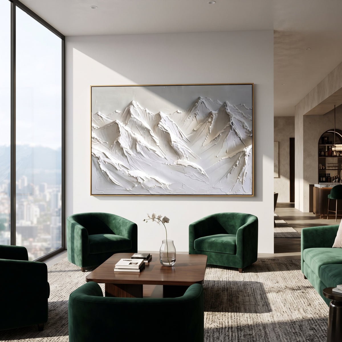 Close White Summit Wall is written from the actual artwork image, focusing on close white summit wall with bold knife-carved peaks and vertical snow channels. The visible composition is specific rather than generic: large foreground peaks, deep vertical snow channels, and a tightly framed wall of alpine texture. The balanced horizontal layout controls how the eye travels through the scene, with the mountain mass, valley floor, tree line, water edge, or small figure details arranged to create