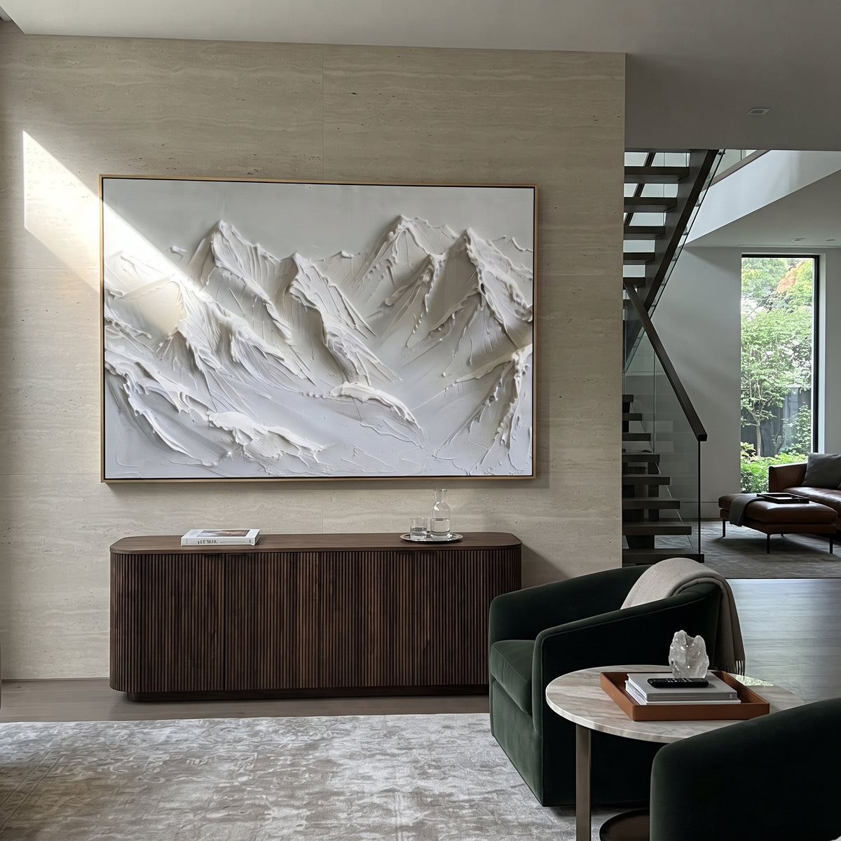 Close White Summit Wall is written from the actual artwork image, focusing on close white summit wall with bold knife-carved peaks and vertical snow channels. The visible composition is specific rather than generic: large foreground peaks, deep vertical snow channels, and a tightly framed wall of alpine texture. The balanced horizontal layout controls how the eye travels through the scene, with the mountain mass, valley floor, tree line, water edge, or small figure details arranged to create