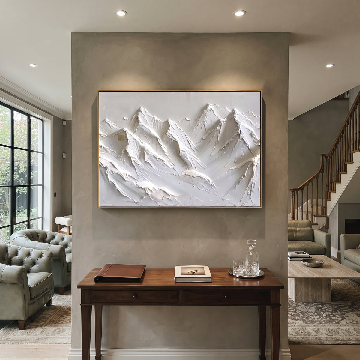 Close White Summit Wall is written from the actual artwork image, focusing on close white summit wall with bold knife-carved peaks and vertical snow channels. The visible composition is specific rather than generic: large foreground peaks, deep vertical snow channels, and a tightly framed wall of alpine texture. The balanced horizontal layout controls how the eye travels through the scene, with the mountain mass, valley floor, tree line, water edge, or small figure details arranged to create