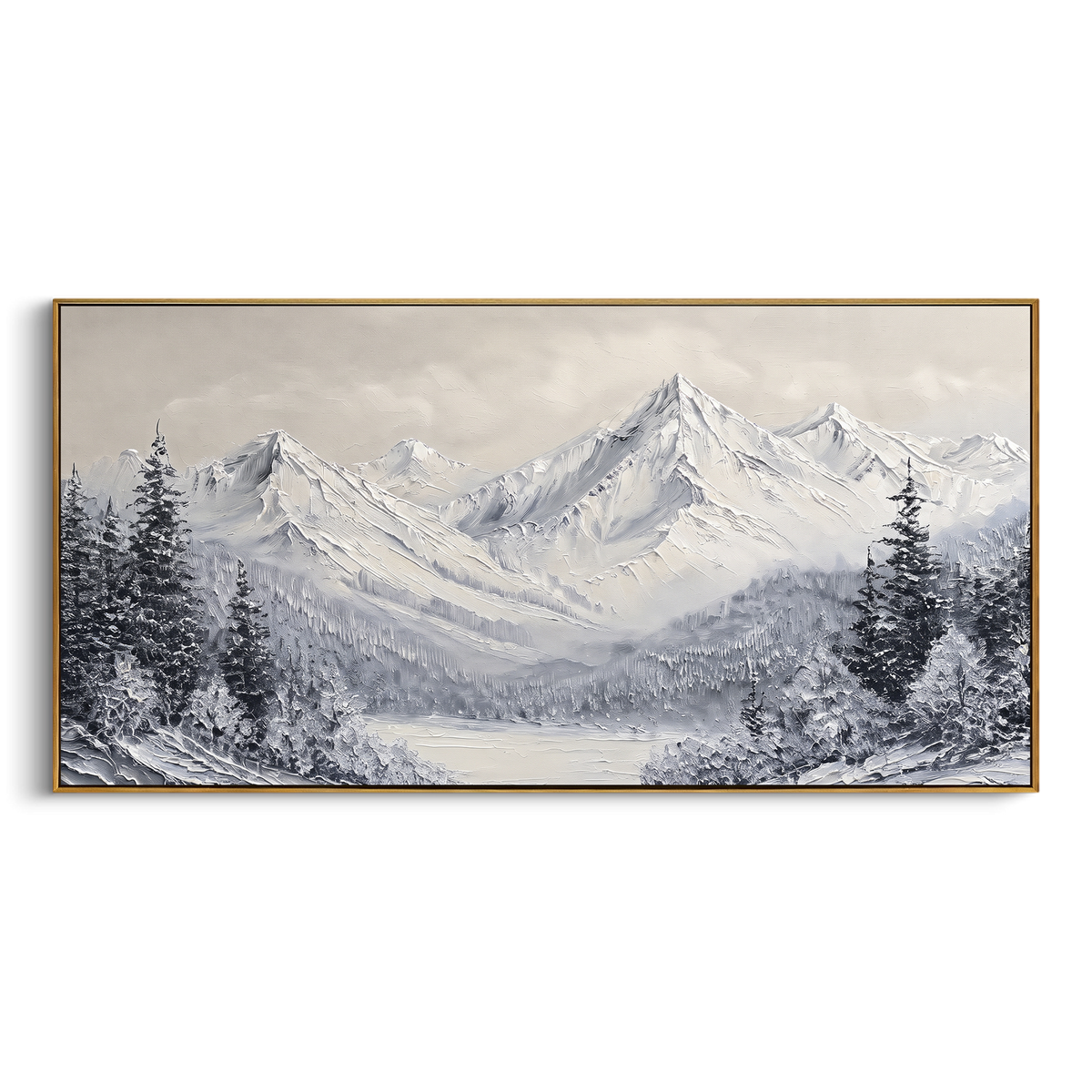 Lake Mist Pine Mountain is written from the actual artwork image, focusing on lake mist pine mountain with dark evergreens and a snow range reflected beyond. The visible composition is specific rather than generic: distant mountains, misty lake light, dark pines on both sides, and cool blue winter shadows. The wide horizontal layout controls how the eye travels through the scene, with the mountain mass, valley floor, tree line, water edge, or small figure details arranged to create depth across