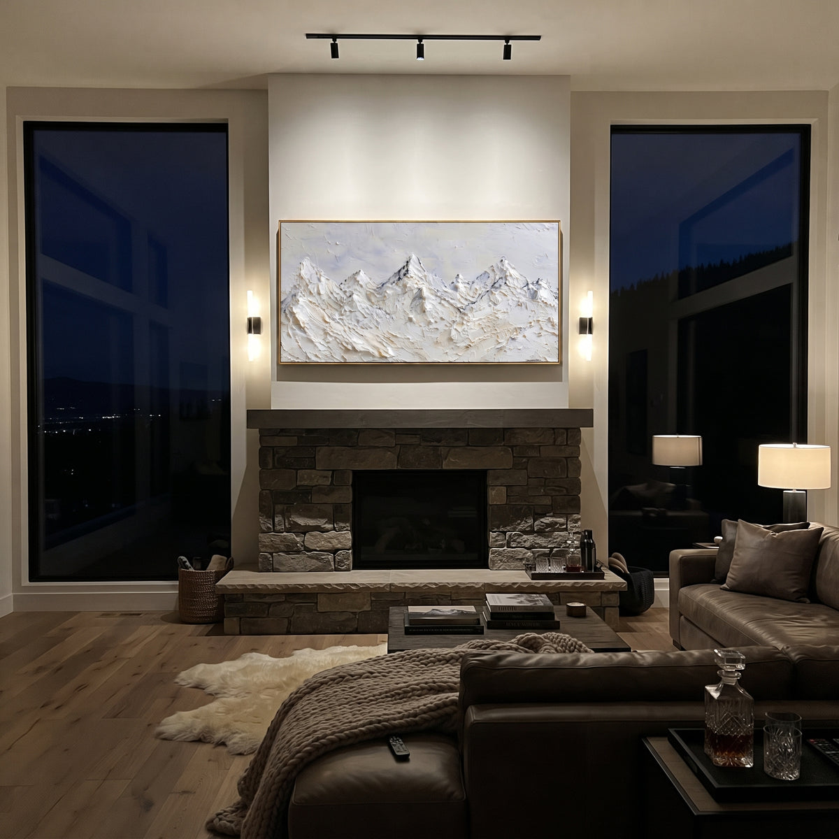 Beige Snow Ridge Cluster is written from the actual artwork image, focusing on beige snow ridge cluster with many small peaks and warm mineral undertones. The visible composition is specific rather than generic: many small ridge points, warm beige undertones, and chipped impasto edges across the mountain band. The wide horizontal layout controls how the eye travels through the scene, with the mountain mass, valley floor, tree line, water edge, or small figure details arranged to create depth