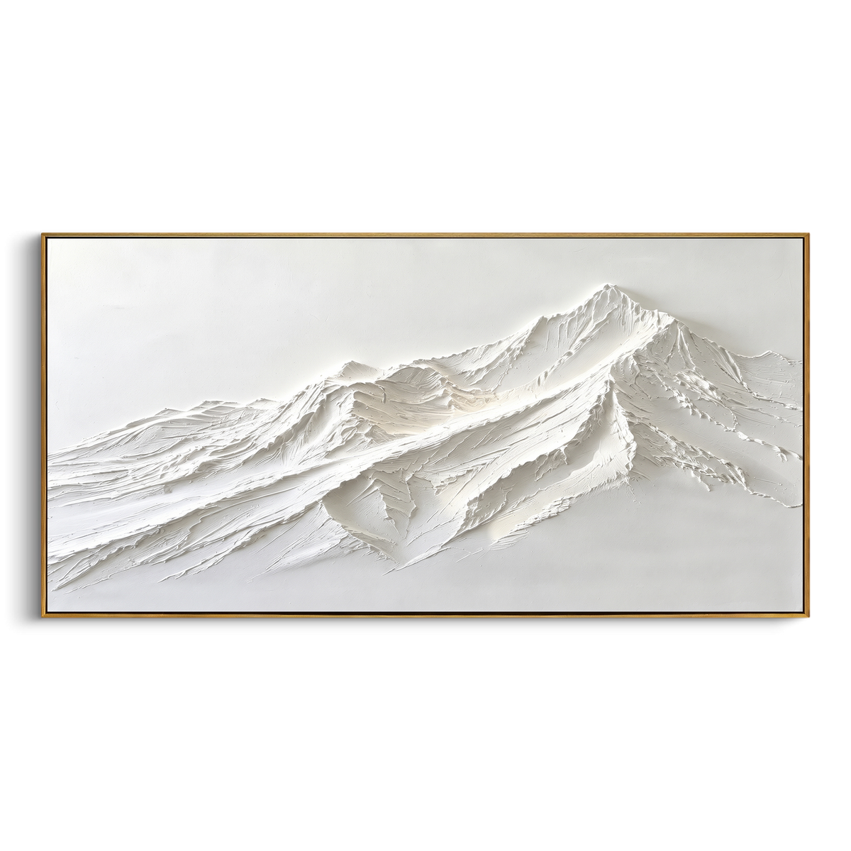 Sweeping White Drift Peak is written from the actual artwork image, focusing on sweeping white drift peak with long wind-shaped ridges and a calm open sky. The visible composition is specific rather than generic: long wind-smoothed ridges, one low summit mass, and an open pale sky above the snow. The wide horizontal layout controls how the eye travels through the scene, with the mountain mass, valley floor, tree line, water edge, or small figure details arranged to create depth across the