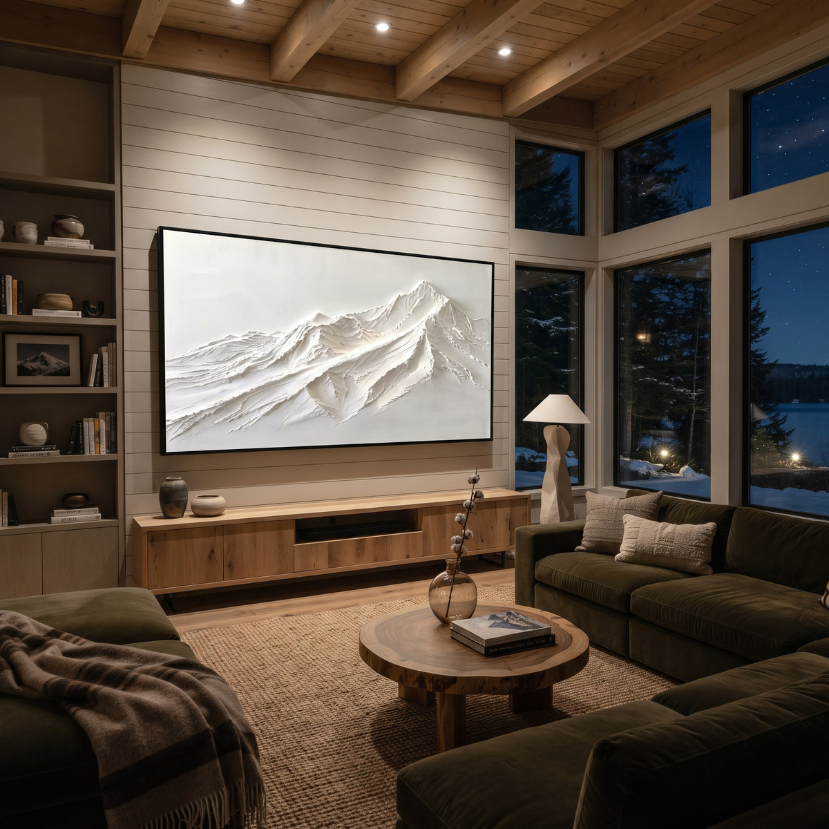 Sweeping White Drift Peak is written from the actual artwork image, focusing on sweeping white drift peak with long wind-shaped ridges and a calm open sky. The visible composition is specific rather than generic: long wind-smoothed ridges, one low summit mass, and an open pale sky above the snow. The wide horizontal layout controls how the eye travels through the scene, with the mountain mass, valley floor, tree line, water edge, or small figure details arranged to create depth across the