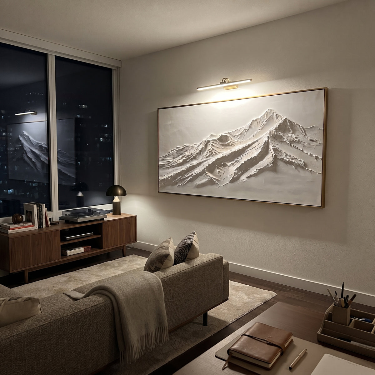 Sweeping White Drift Peak is written from the actual artwork image, focusing on sweeping white drift peak with long wind-shaped ridges and a calm open sky. The visible composition is specific rather than generic: long wind-smoothed ridges, one low summit mass, and an open pale sky above the snow. The wide horizontal layout controls how the eye travels through the scene, with the mountain mass, valley floor, tree line, water edge, or small figure details arranged to create depth across the