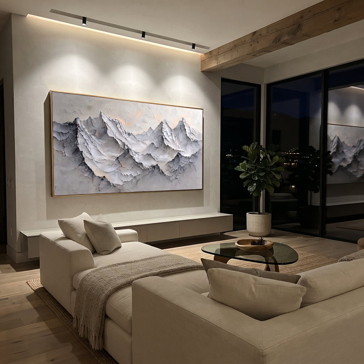 Dusky Grey Peak Wall is written from the actual artwork image, focusing on dusky grey peak wall with serrated ridges and peach-toned winter light. The visible composition is specific rather than generic: serrated grey peaks, peach beige light in the sky, and deep sculpted ledges. The wide horizontal layout controls how the eye travels through the scene, with the mountain mass, valley floor, tree line, water edge, or small figure details arranged to create depth across the canvas. Its white