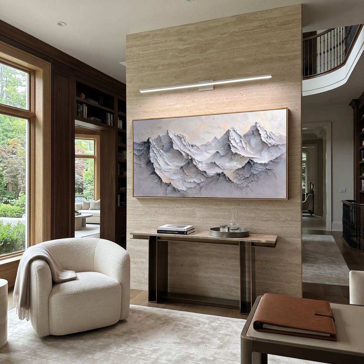 Dusky Grey Peak Wall is written from the actual artwork image, focusing on dusky grey peak wall with serrated ridges and peach-toned winter light. The visible composition is specific rather than generic: serrated grey peaks, peach beige light in the sky, and deep sculpted ledges. The wide horizontal layout controls how the eye travels through the scene, with the mountain mass, valley floor, tree line, water edge, or small figure details arranged to create depth across the canvas. Its white