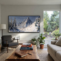 Blue Ski Trail Mountain is written from the actual artwork image, focusing on blue ski trail mountain with tiny slope figures moving between snowy firs. The visible composition is specific rather than generic: a bright blue sky, dark pine borders, a high mountain slope, and tiny skiers crossing the snow. The wide horizontal layout controls how the eye travels through the scene, with the mountain mass, valley floor, tree line, water edge, or small figure details arranged to create depth across