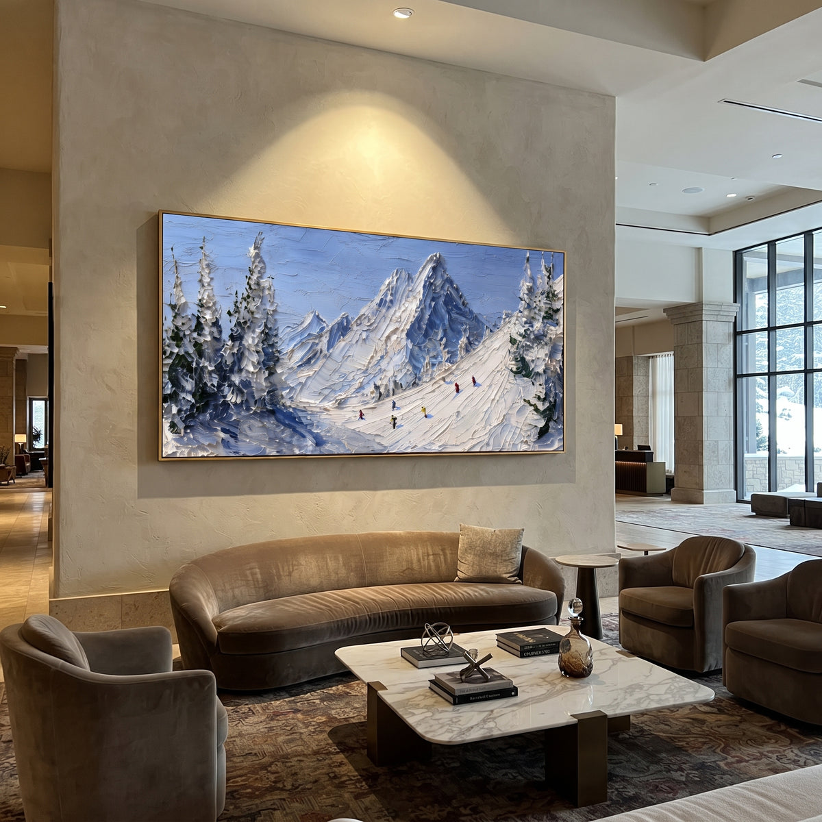 Blue Ski Trail Mountain is written from the actual artwork image, focusing on blue ski trail mountain with tiny slope figures moving between snowy firs. The visible composition is specific rather than generic: a bright blue sky, dark pine borders, a high mountain slope, and tiny skiers crossing the snow. The wide horizontal layout controls how the eye travels through the scene, with the mountain mass, valley floor, tree line, water edge, or small figure details arranged to create depth across