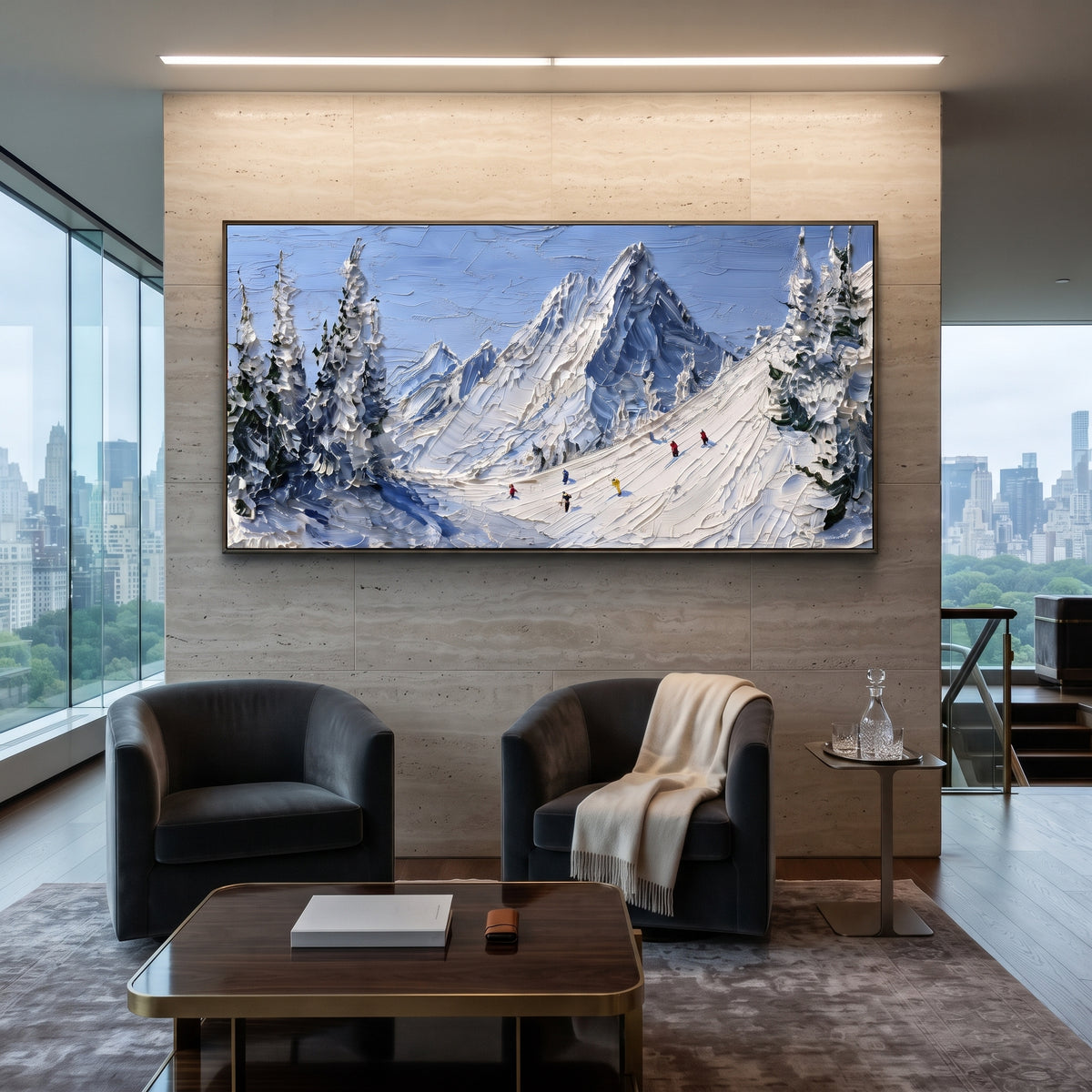Blue Ski Trail Mountain is written from the actual artwork image, focusing on blue ski trail mountain with tiny slope figures moving between snowy firs. The visible composition is specific rather than generic: a bright blue sky, dark pine borders, a high mountain slope, and tiny skiers crossing the snow. The wide horizontal layout controls how the eye travels through the scene, with the mountain mass, valley floor, tree line, water edge, or small figure details arranged to create depth across