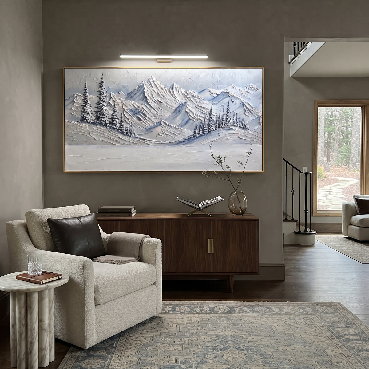 Pine Meadow Alpine Range is written from the actual artwork image, focusing on pine meadow alpine range with fir clusters and layered blue mountain ridges. The visible composition is specific rather than generic: foreground fir clusters, a snowy meadow sweep, layered mountain ridges, and cool blue grey shadows. The wide horizontal layout controls how the eye travels through the scene, with the mountain mass, valley floor, tree line, water edge, or small figure details arranged to create depth