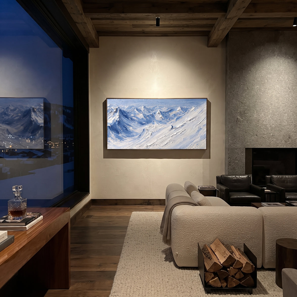 Blue Wind Snow Basin is written from the actual artwork image, focusing on blue wind snow basin with curving mountain folds and open sky strokes. The visible composition is specific rather than generic: curving blue snow folds, distant peaks, and moving sky strokes over a wide basin. The wide horizontal layout controls how the eye travels through the scene, with the mountain mass, valley floor, tree line, water edge, or small figure details arranged to create depth across the canvas. Its white