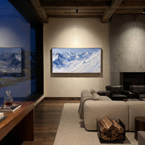 "Blue Wind Snow Basin" - Modern Heavy Impasto Landscape Artwork | White & Blue Palette Knife Painting | Luxury Horizontal Wall Art #PT 2300