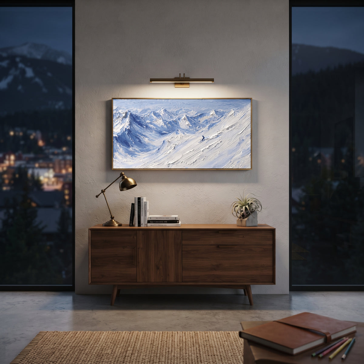 Blue Wind Snow Basin is written from the actual artwork image, focusing on blue wind snow basin with curving mountain folds and open sky strokes. The visible composition is specific rather than generic: curving blue snow folds, distant peaks, and moving sky strokes over a wide basin. The wide horizontal layout controls how the eye travels through the scene, with the mountain mass, valley floor, tree line, water edge, or small figure details arranged to create depth across the canvas. Its white