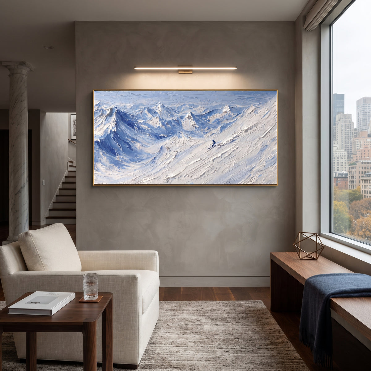 Blue Wind Snow Basin is written from the actual artwork image, focusing on blue wind snow basin with curving mountain folds and open sky strokes. The visible composition is specific rather than generic: curving blue snow folds, distant peaks, and moving sky strokes over a wide basin. The wide horizontal layout controls how the eye travels through the scene, with the mountain mass, valley floor, tree line, water edge, or small figure details arranged to create depth across the canvas. Its white