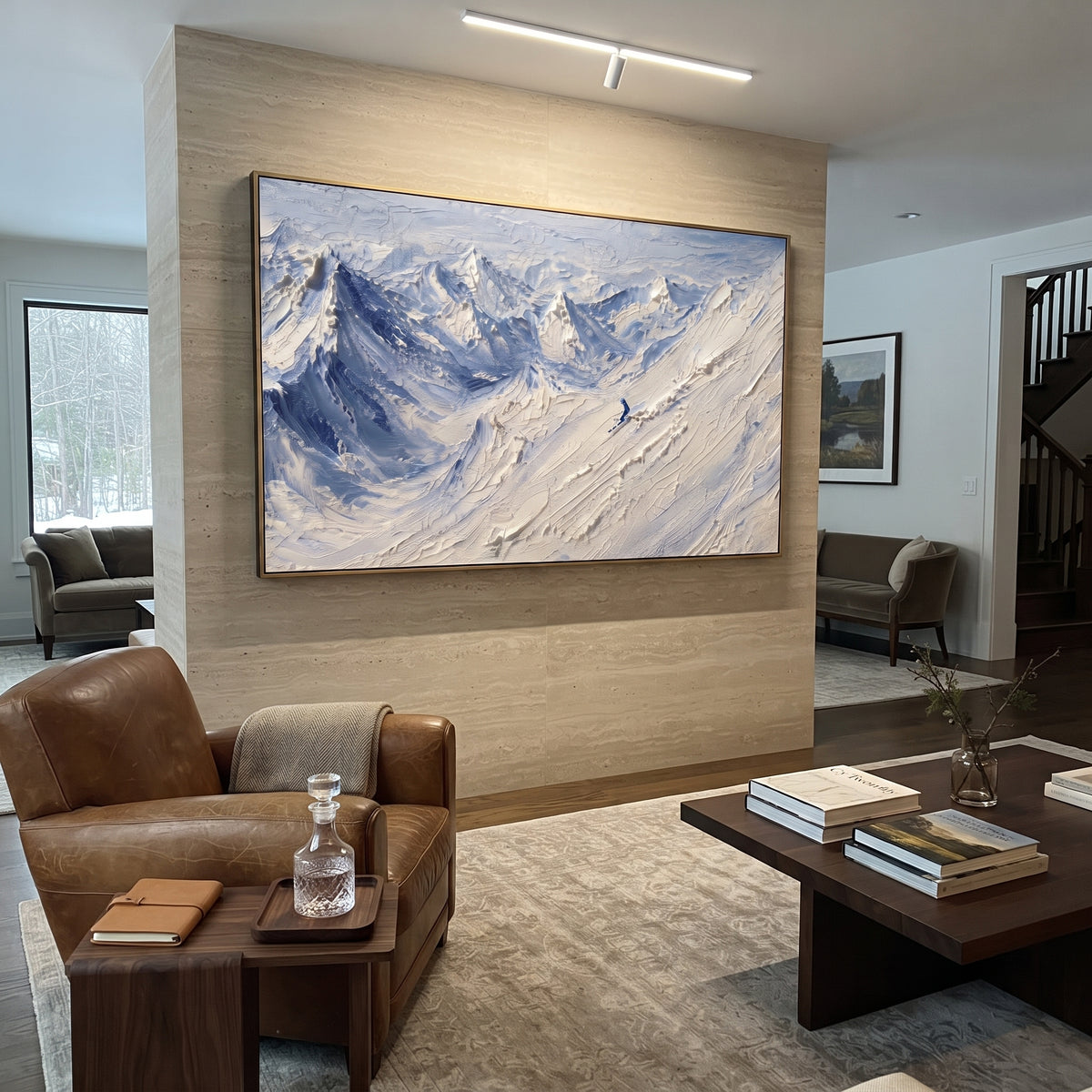 Blue Wind Snow Basin is written from the actual artwork image, focusing on blue wind snow basin with curving mountain folds and open sky strokes. The visible composition is specific rather than generic: curving blue snow folds, distant peaks, and moving sky strokes over a wide basin. The wide horizontal layout controls how the eye travels through the scene, with the mountain mass, valley floor, tree line, water edge, or small figure details arranged to create depth across the canvas. Its white