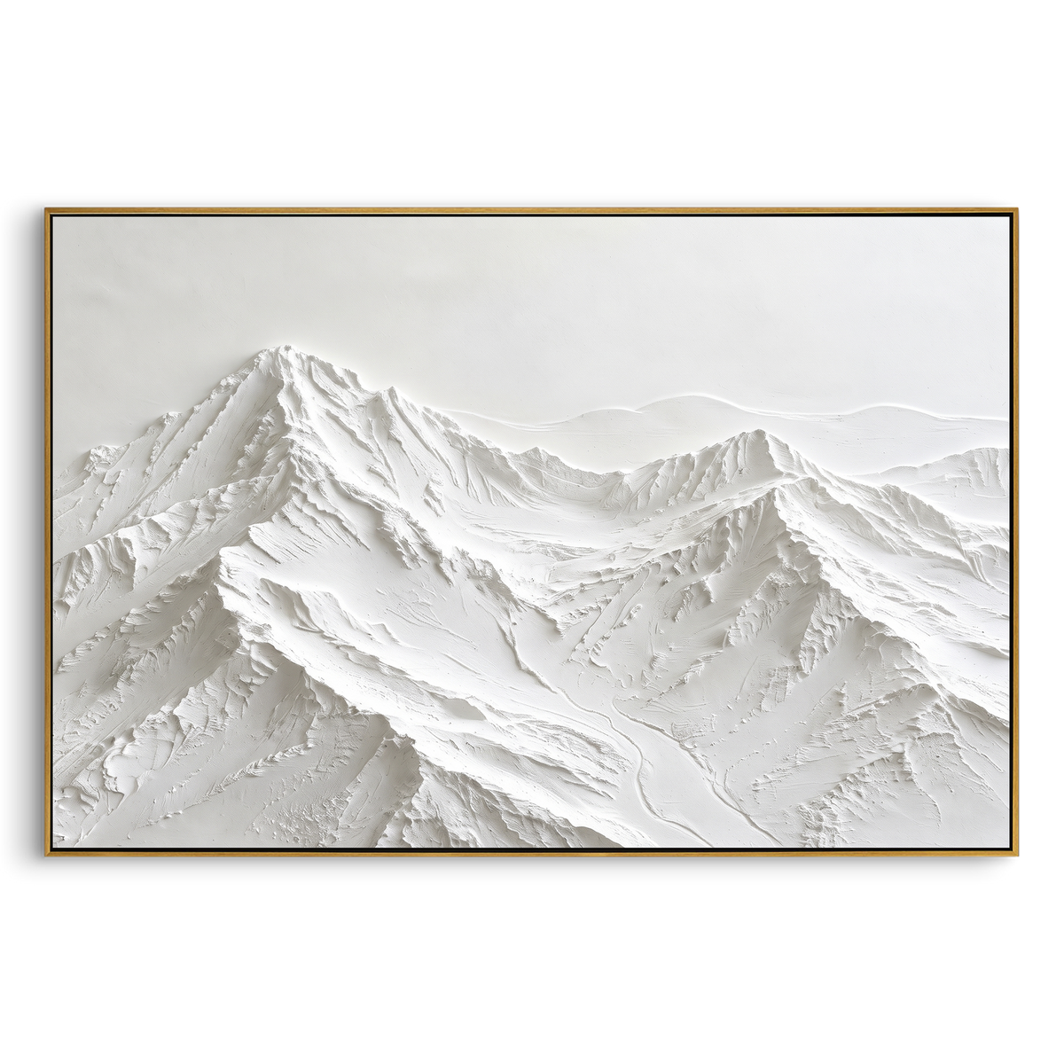 White Basin Ridge Study is written from the actual artwork image, focusing on white basin ridge study with quiet raised slopes and soft grey ridge shadows. The visible composition is specific rather than generic: subtle white-on-white ridge relief, low basin curves, and restrained grey shadows. The balanced horizontal layout controls how the eye travels through the scene, with the mountain mass, valley floor, tree line, water edge, or small figure details arranged to create depth across the