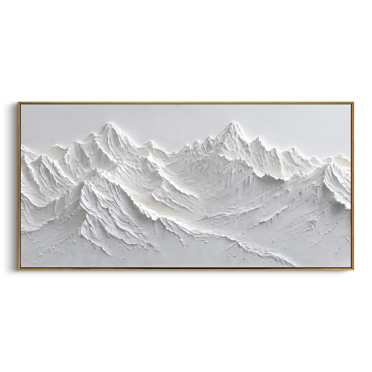 Soft White Mountain Shelf is written from the actual artwork image, focusing on soft white mountain shelf with repeating ridge waves and a narrow shadowed valley. The visible composition is specific rather than generic: repeating shelf-like snow ridges, small valley shadows, and a calm sculpted surface. The wide horizontal layout controls how the eye travels through the scene, with the mountain mass, valley floor, tree line, water edge, or small figure details arranged to create depth across the