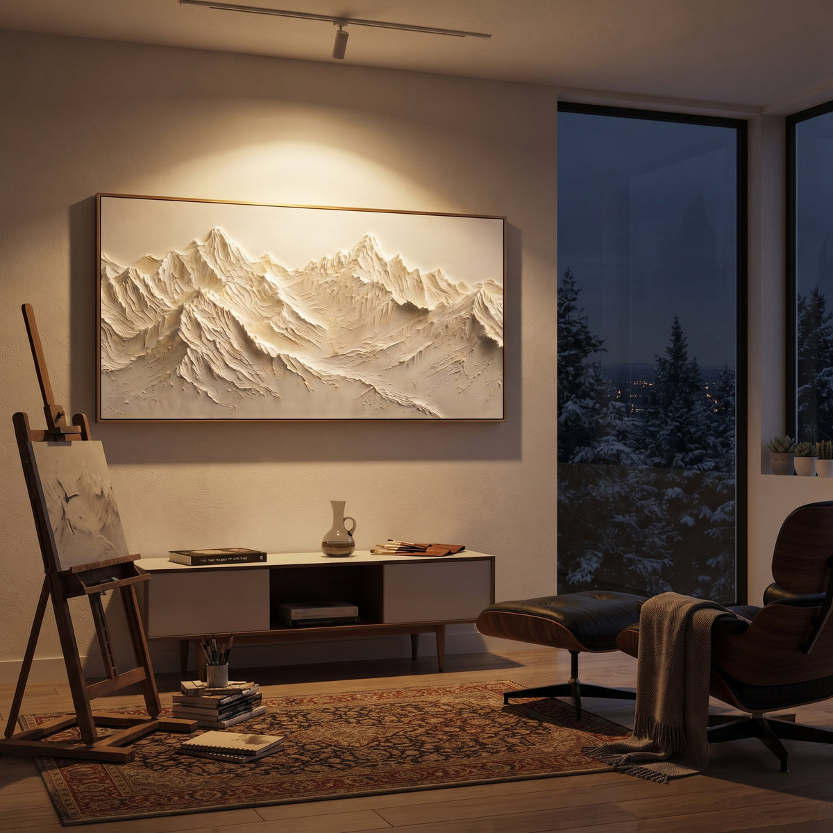 Soft White Mountain Shelf is written from the actual artwork image, focusing on soft white mountain shelf with repeating ridge waves and a narrow shadowed valley. The visible composition is specific rather than generic: repeating shelf-like snow ridges, small valley shadows, and a calm sculpted surface. The wide horizontal layout controls how the eye travels through the scene, with the mountain mass, valley floor, tree line, water edge, or small figure details arranged to create depth across the