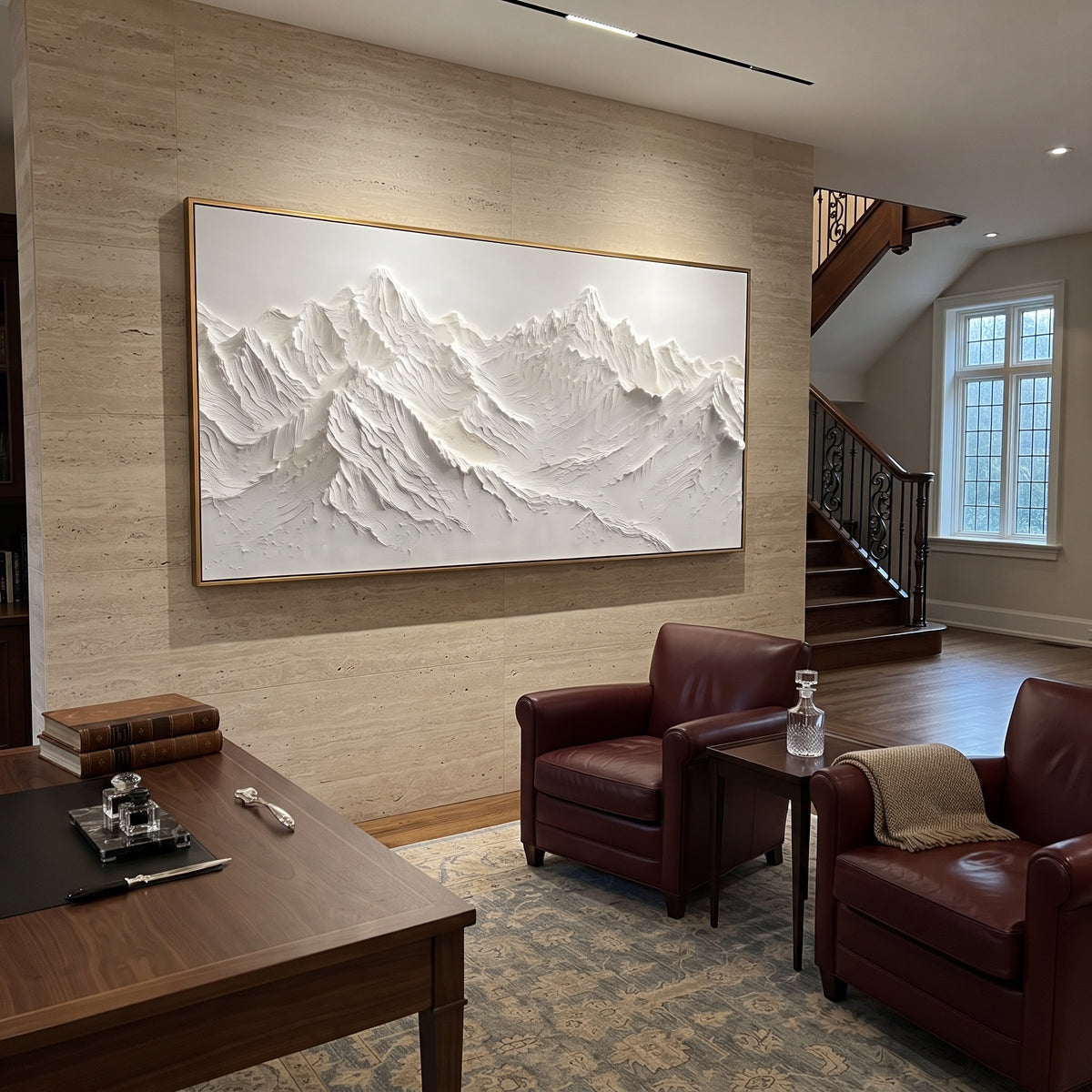 Soft White Mountain Shelf is written from the actual artwork image, focusing on soft white mountain shelf with repeating ridge waves and a narrow shadowed valley. The visible composition is specific rather than generic: repeating shelf-like snow ridges, small valley shadows, and a calm sculpted surface. The wide horizontal layout controls how the eye travels through the scene, with the mountain mass, valley floor, tree line, water edge, or small figure details arranged to create depth across the