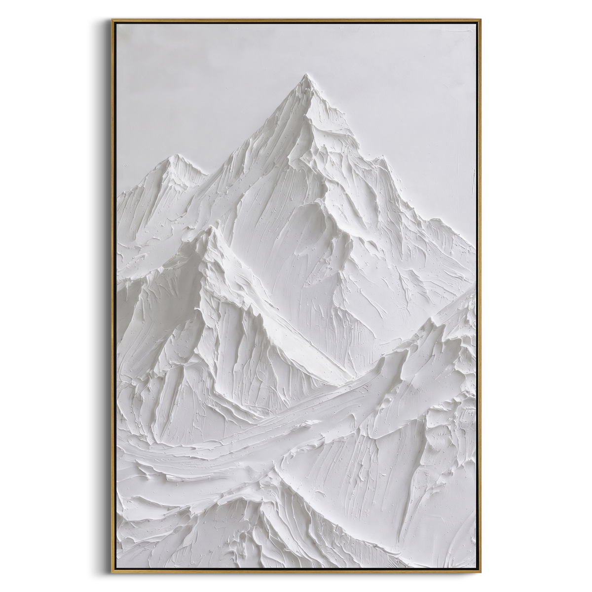 Tall Lone Peak Snow Path is written from the actual artwork image, focusing on tall lone peak snow path with climber marks rising toward a steep summit. The visible composition is specific rather than generic: a single vertical summit, diagonal snow path, small climber figures, and thick white knife texture. The tall vertical layout controls how the eye travels through the scene, with the mountain mass, valley floor, tree line, water edge, or small figure details arranged to create depth across