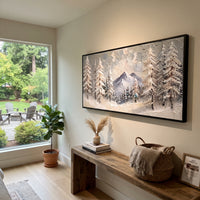 Winter Fir Window Mountain is written from the actual artwork image, focusing on winter fir window mountain with trees framing a blue distant peak. The visible composition is specific rather than generic: foreground snow-laden firs, a framed central mountain, cool blue shadows, and pale winter atmosphere. The wide horizontal layout controls how the eye travels through the scene, with the mountain mass, valley floor, tree line, water edge, or small figure details arranged to create depth across