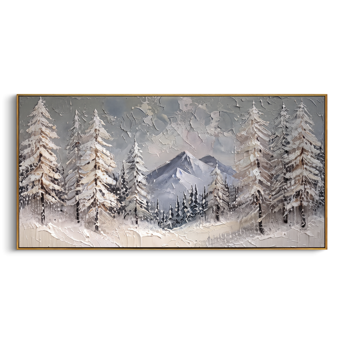 Winter Fir Window Mountain is written from the actual artwork image, focusing on winter fir window mountain with trees framing a blue distant peak. The visible composition is specific rather than generic: foreground snow-laden firs, a framed central mountain, cool blue shadows, and pale winter atmosphere. The wide horizontal layout controls how the eye travels through the scene, with the mountain mass, valley floor, tree line, water edge, or small figure details arranged to create depth across