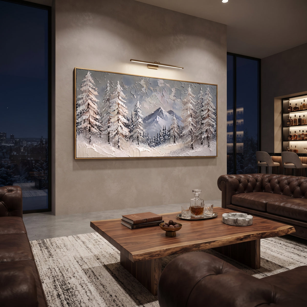 Winter Fir Window Mountain is written from the actual artwork image, focusing on winter fir window mountain with trees framing a blue distant peak. The visible composition is specific rather than generic: foreground snow-laden firs, a framed central mountain, cool blue shadows, and pale winter atmosphere. The wide horizontal layout controls how the eye travels through the scene, with the mountain mass, valley floor, tree line, water edge, or small figure details arranged to create depth across