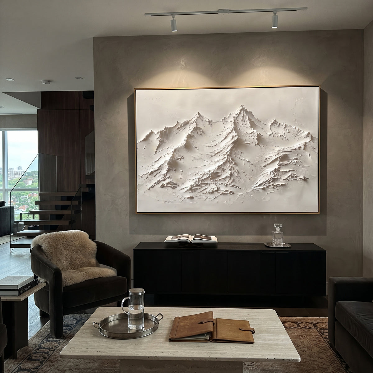 White Crater Ridge Relief is written from the actual artwork image, focusing on white crater ridge relief with pitted snow texture and jagged raised edges. The visible composition is specific rather than generic: pitted impasto snow, jagged crater-like ridges, and sparse grey shadow pockets. The balanced horizontal layout controls how the eye travels through the scene, with the mountain mass, valley floor, tree line, water edge, or small figure details arranged to create depth across the canvas.