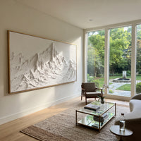 Pointed White Summit Relief is written from the actual artwork image, focusing on pointed white summit relief with a central peak and crisp flanking ridges. The visible composition is specific rather than generic: a clear central pointed summit, crisp side ridges, and minimal off-white background space. The wide horizontal layout controls how the eye travels through the scene, with the mountain mass, valley floor, tree line, water edge, or small figure details arranged to create depth across the