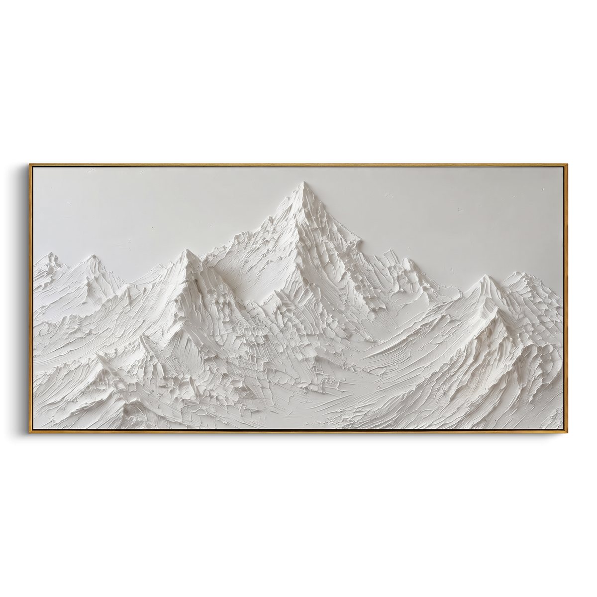 Pointed White Summit Relief is written from the actual artwork image, focusing on pointed white summit relief with a central peak and crisp flanking ridges. The visible composition is specific rather than generic: a clear central pointed summit, crisp side ridges, and minimal off-white background space. The wide horizontal layout controls how the eye travels through the scene, with the mountain mass, valley floor, tree line, water edge, or small figure details arranged to create depth across the