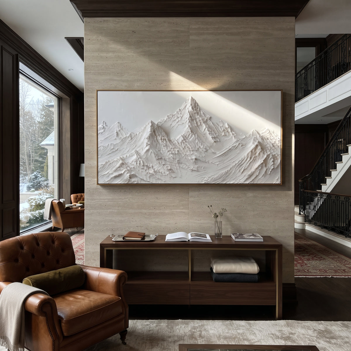 Pointed White Summit Relief is written from the actual artwork image, focusing on pointed white summit relief with a central peak and crisp flanking ridges. The visible composition is specific rather than generic: a clear central pointed summit, crisp side ridges, and minimal off-white background space. The wide horizontal layout controls how the eye travels through the scene, with the mountain mass, valley floor, tree line, water edge, or small figure details arranged to create depth across the