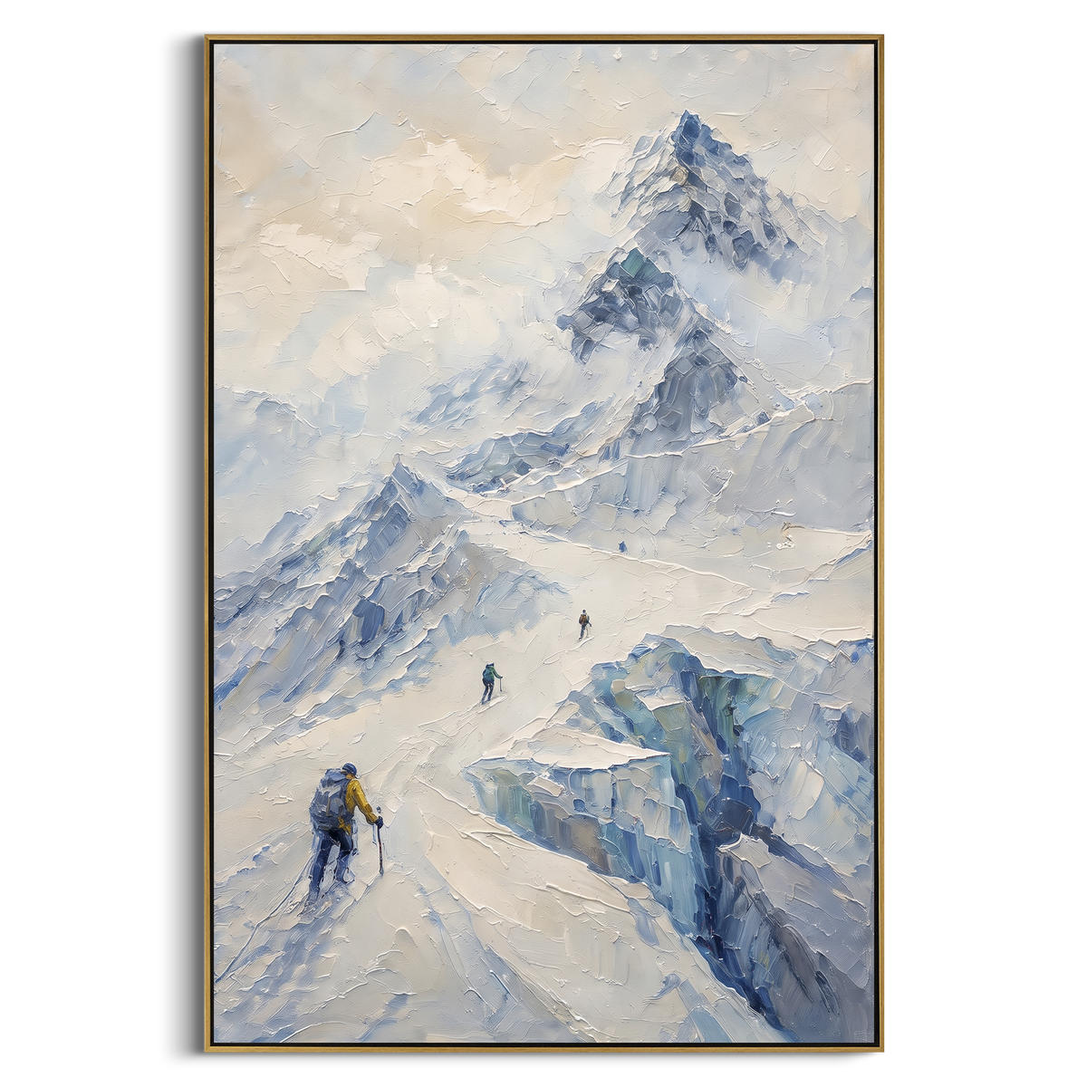 Ice Blue Descent Mountain is written from the actual artwork image, focusing on ice blue descent mountain with hikers crossing a steep snowy passage. The visible composition is specific rather than generic: blue-grey high altitude slopes, small hiking figures, descending paths, and broken glacier-like planes. The tall vertical layout controls how the eye travels through the scene, with the mountain mass, valley floor, tree line, water edge, or small figure details arranged to create depth across