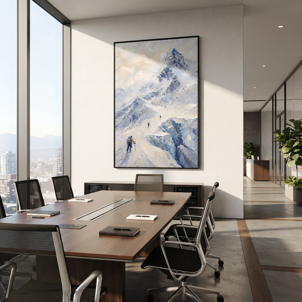 Ice Blue Descent Mountain is written from the actual artwork image, focusing on ice blue descent mountain with hikers crossing a steep snowy passage. The visible composition is specific rather than generic: blue-grey high altitude slopes, small hiking figures, descending paths, and broken glacier-like planes. The tall vertical layout controls how the eye travels through the scene, with the mountain mass, valley floor, tree line, water edge, or small figure details arranged to create depth across
