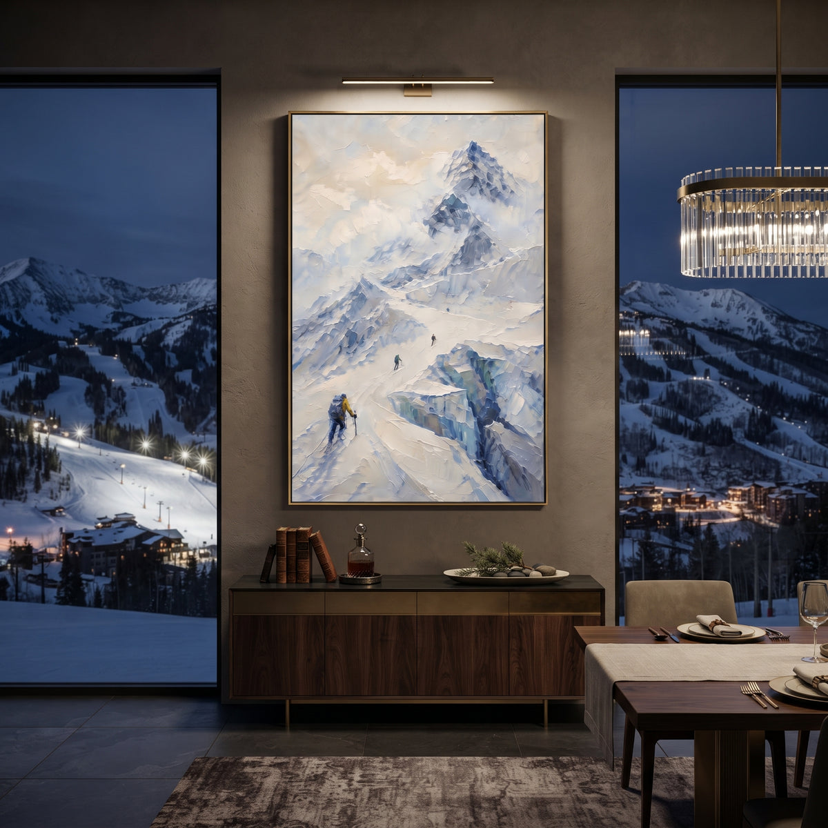 Ice Blue Descent Mountain is written from the actual artwork image, focusing on ice blue descent mountain with hikers crossing a steep snowy passage. The visible composition is specific rather than generic: blue-grey high altitude slopes, small hiking figures, descending paths, and broken glacier-like planes. The tall vertical layout controls how the eye travels through the scene, with the mountain mass, valley floor, tree line, water edge, or small figure details arranged to create depth across