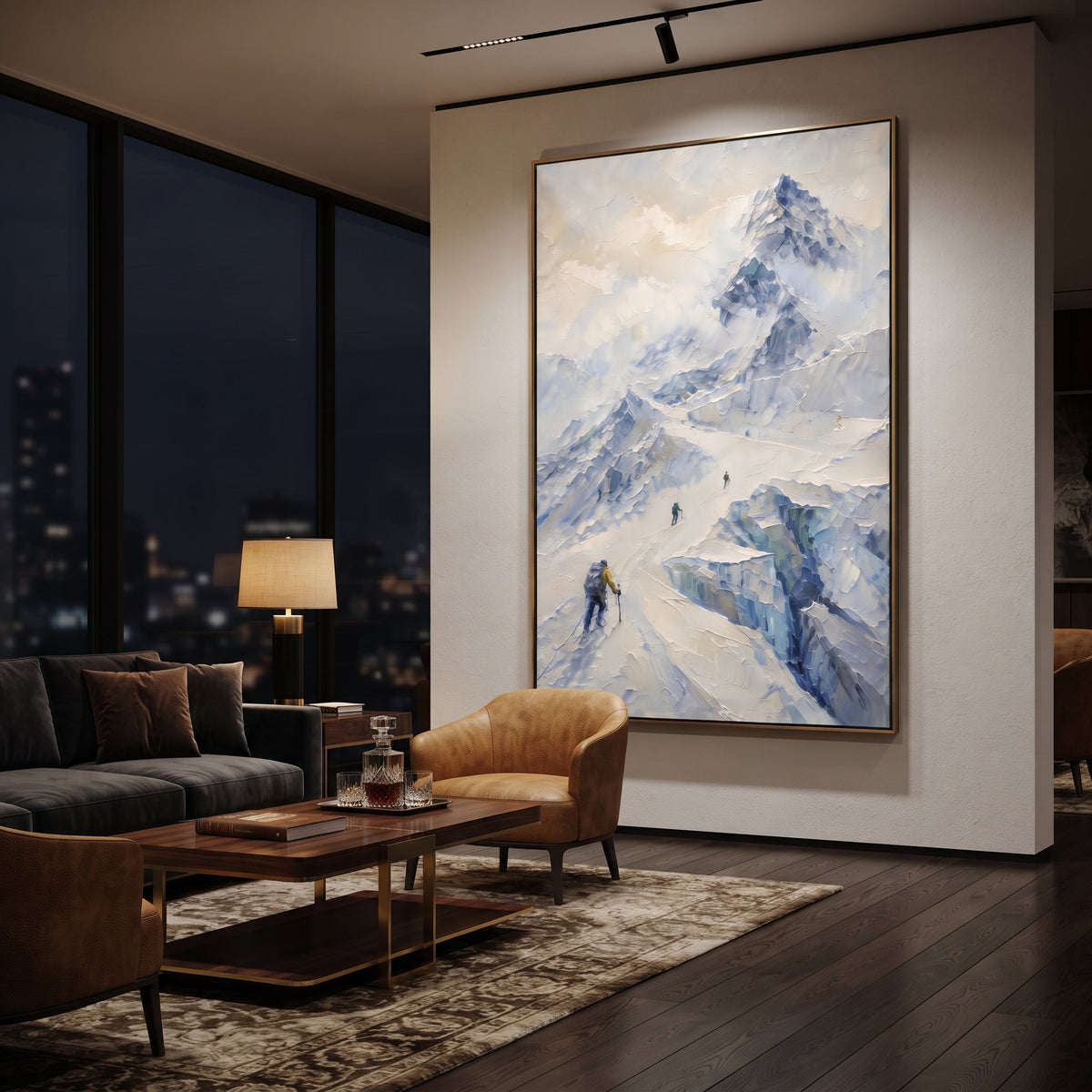 Ice Blue Descent Mountain is written from the actual artwork image, focusing on ice blue descent mountain with hikers crossing a steep snowy passage. The visible composition is specific rather than generic: blue-grey high altitude slopes, small hiking figures, descending paths, and broken glacier-like planes. The tall vertical layout controls how the eye travels through the scene, with the mountain mass, valley floor, tree line, water edge, or small figure details arranged to create depth across