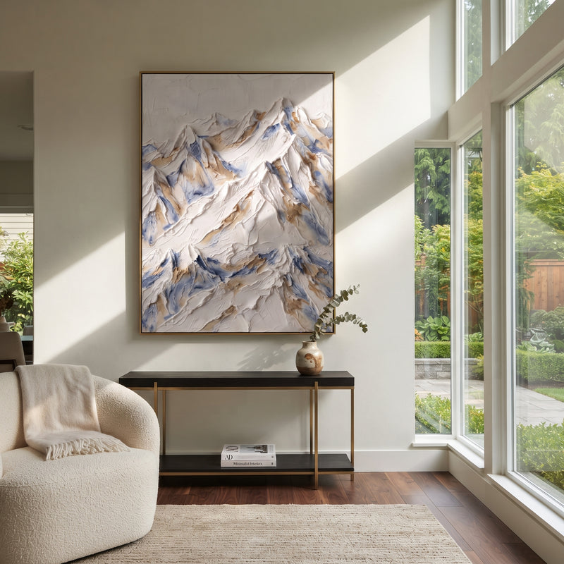 "Ochre Shadow Snow Peaks" - Modern Heavy Impasto Landscape Artwork | White & Beige Palette Knife Painting | Luxury Vertical Wall Art #PT 2308