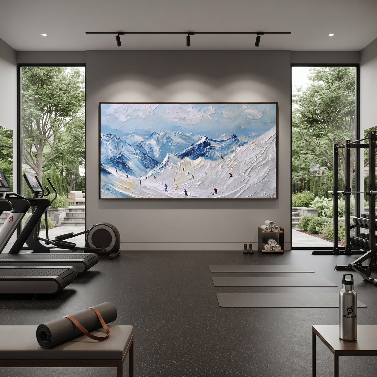 Sky Blue Ski Valley is written from the actual artwork image, focusing on sky blue ski valley with small red and dark skiers across rolling snow. The visible composition is specific rather than generic: open blue sky, rolling snow valley, tiny skiers in motion, and distant mountain layers. The wide horizontal layout controls how the eye travels through the scene, with the mountain mass, valley floor, tree line, water edge, or small figure details arranged to create depth across the canvas. Its