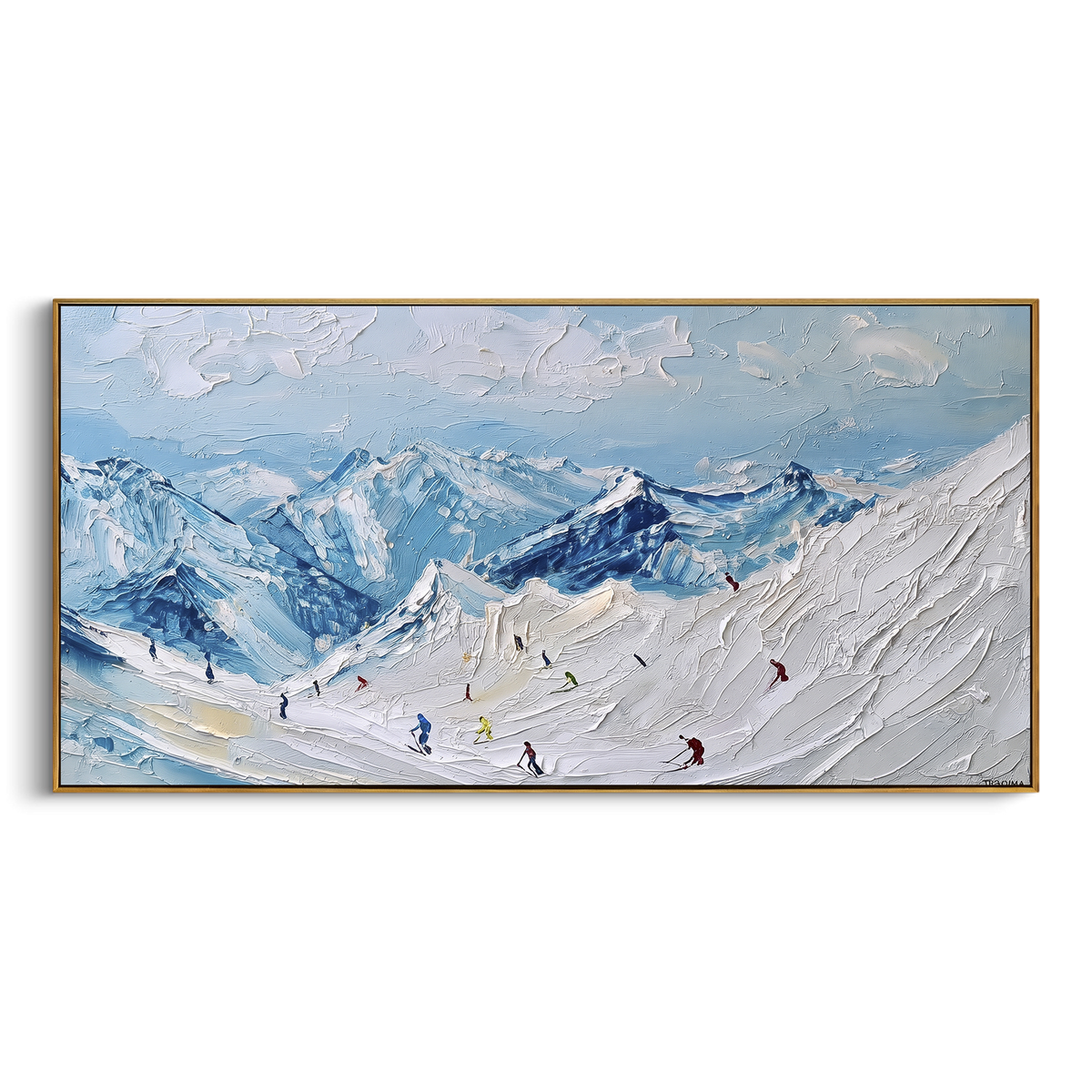 Sky Blue Ski Valley is written from the actual artwork image, focusing on sky blue ski valley with small red and dark skiers across rolling snow. The visible composition is specific rather than generic: open blue sky, rolling snow valley, tiny skiers in motion, and distant mountain layers. The wide horizontal layout controls how the eye travels through the scene, with the mountain mass, valley floor, tree line, water edge, or small figure details arranged to create depth across the canvas. Its