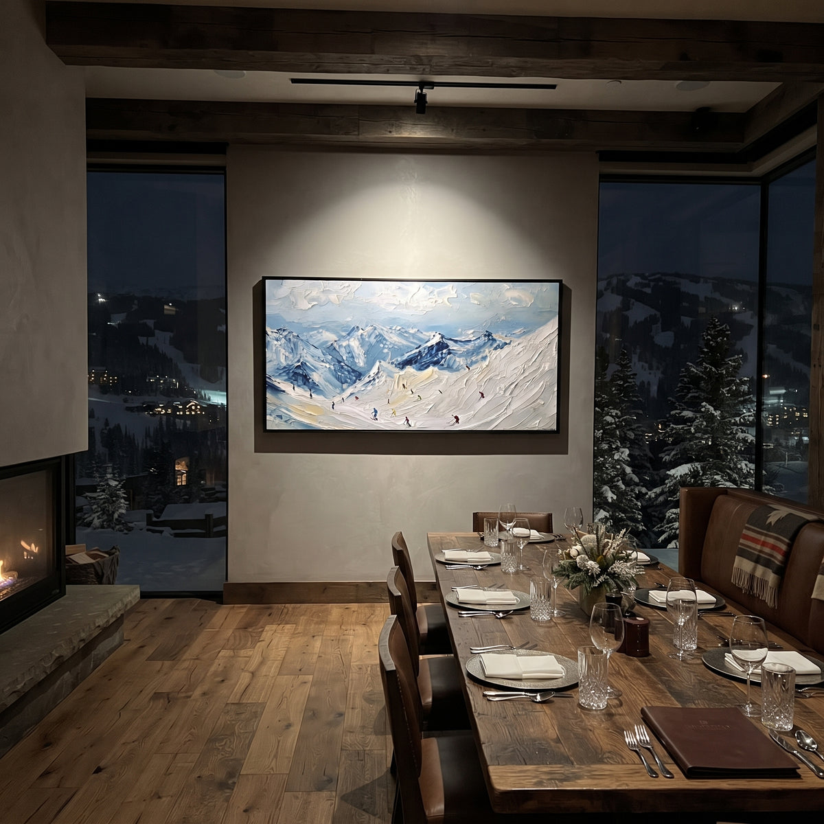 Sky Blue Ski Valley is written from the actual artwork image, focusing on sky blue ski valley with small red and dark skiers across rolling snow. The visible composition is specific rather than generic: open blue sky, rolling snow valley, tiny skiers in motion, and distant mountain layers. The wide horizontal layout controls how the eye travels through the scene, with the mountain mass, valley floor, tree line, water edge, or small figure details arranged to create depth across the canvas. Its