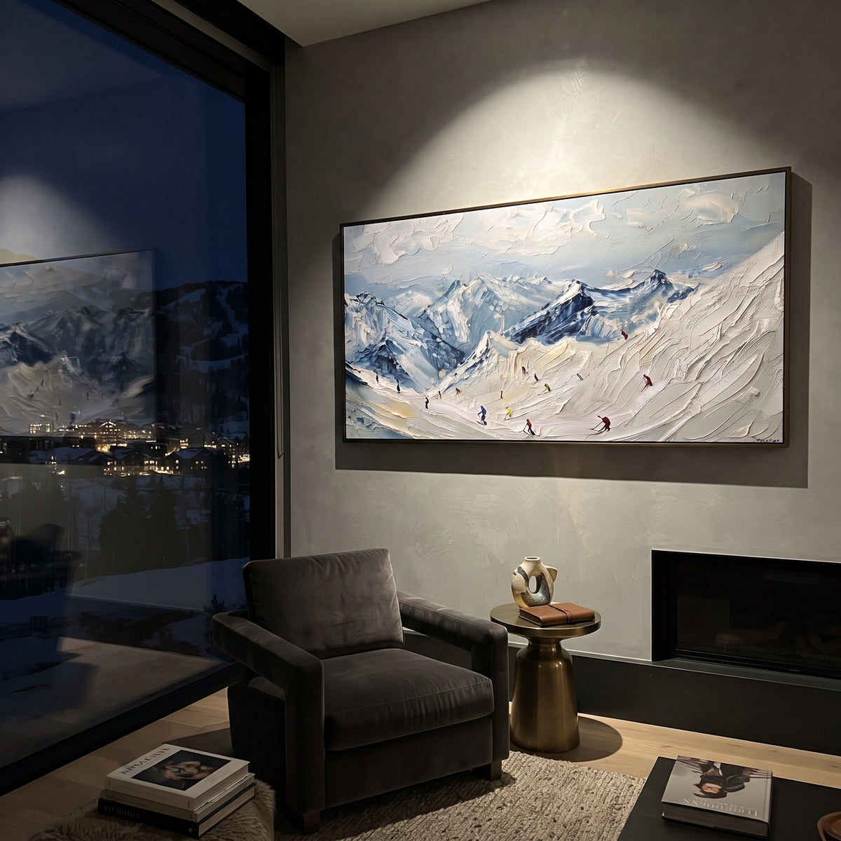 Sky Blue Ski Valley is written from the actual artwork image, focusing on sky blue ski valley with small red and dark skiers across rolling snow. The visible composition is specific rather than generic: open blue sky, rolling snow valley, tiny skiers in motion, and distant mountain layers. The wide horizontal layout controls how the eye travels through the scene, with the mountain mass, valley floor, tree line, water edge, or small figure details arranged to create depth across the canvas. Its