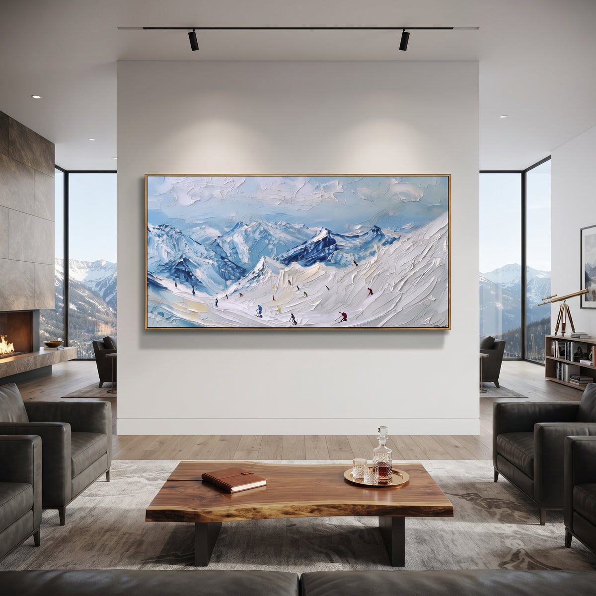 Sky Blue Ski Valley is written from the actual artwork image, focusing on sky blue ski valley with small red and dark skiers across rolling snow. The visible composition is specific rather than generic: open blue sky, rolling snow valley, tiny skiers in motion, and distant mountain layers. The wide horizontal layout controls how the eye travels through the scene, with the mountain mass, valley floor, tree line, water edge, or small figure details arranged to create depth across the canvas. Its