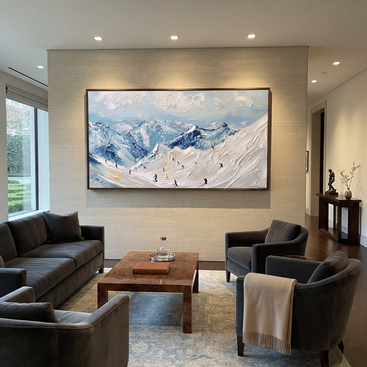 Sky Blue Ski Valley is written from the actual artwork image, focusing on sky blue ski valley with small red and dark skiers across rolling snow. The visible composition is specific rather than generic: open blue sky, rolling snow valley, tiny skiers in motion, and distant mountain layers. The wide horizontal layout controls how the eye travels through the scene, with the mountain mass, valley floor, tree line, water edge, or small figure details arranged to create depth across the canvas. Its