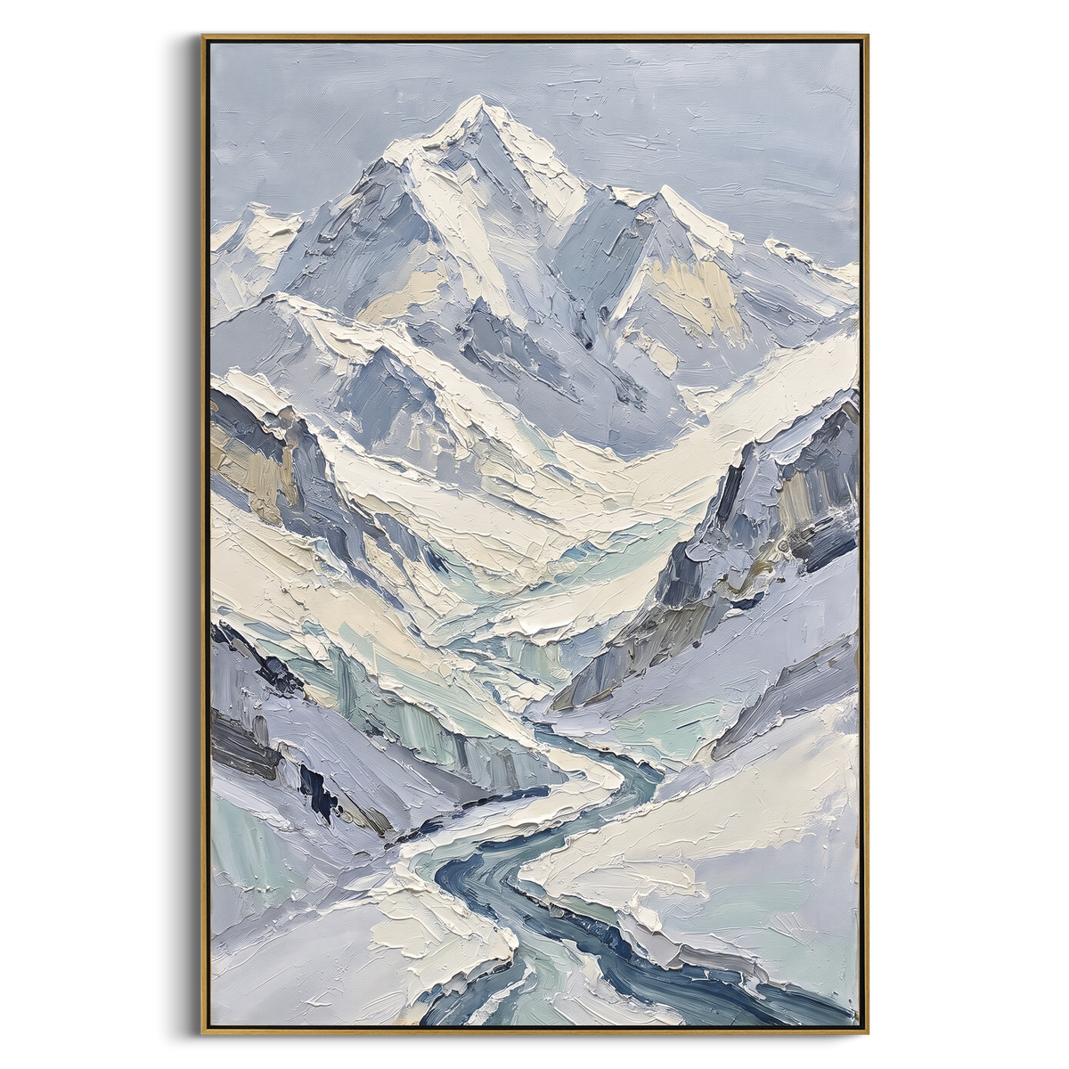 "River Valley Snow Peak" - Modern Heavy Impasto Landscape Artwork | White & Blue Palette Knife Painting | Luxury Vertical Wall Art #PT 2311