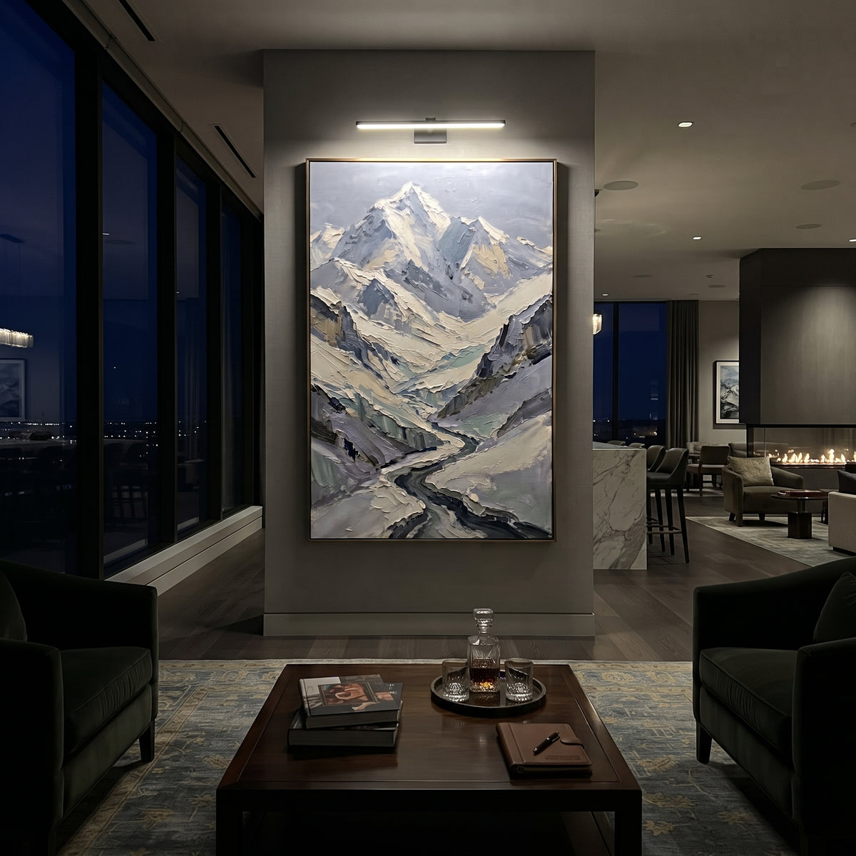 River Valley Snow Peak is written from the actual artwork image, focusing on river valley snow peak with turquoise shadows and a tall mountain above winding water. The visible composition is specific rather than generic: a vertical river valley, turquoise-blue snow shadows, and a tall faceted peak rising above. The tall vertical layout controls how the eye travels through the scene, with the mountain mass, valley floor, tree line, water edge, or small figure details arranged to create depth