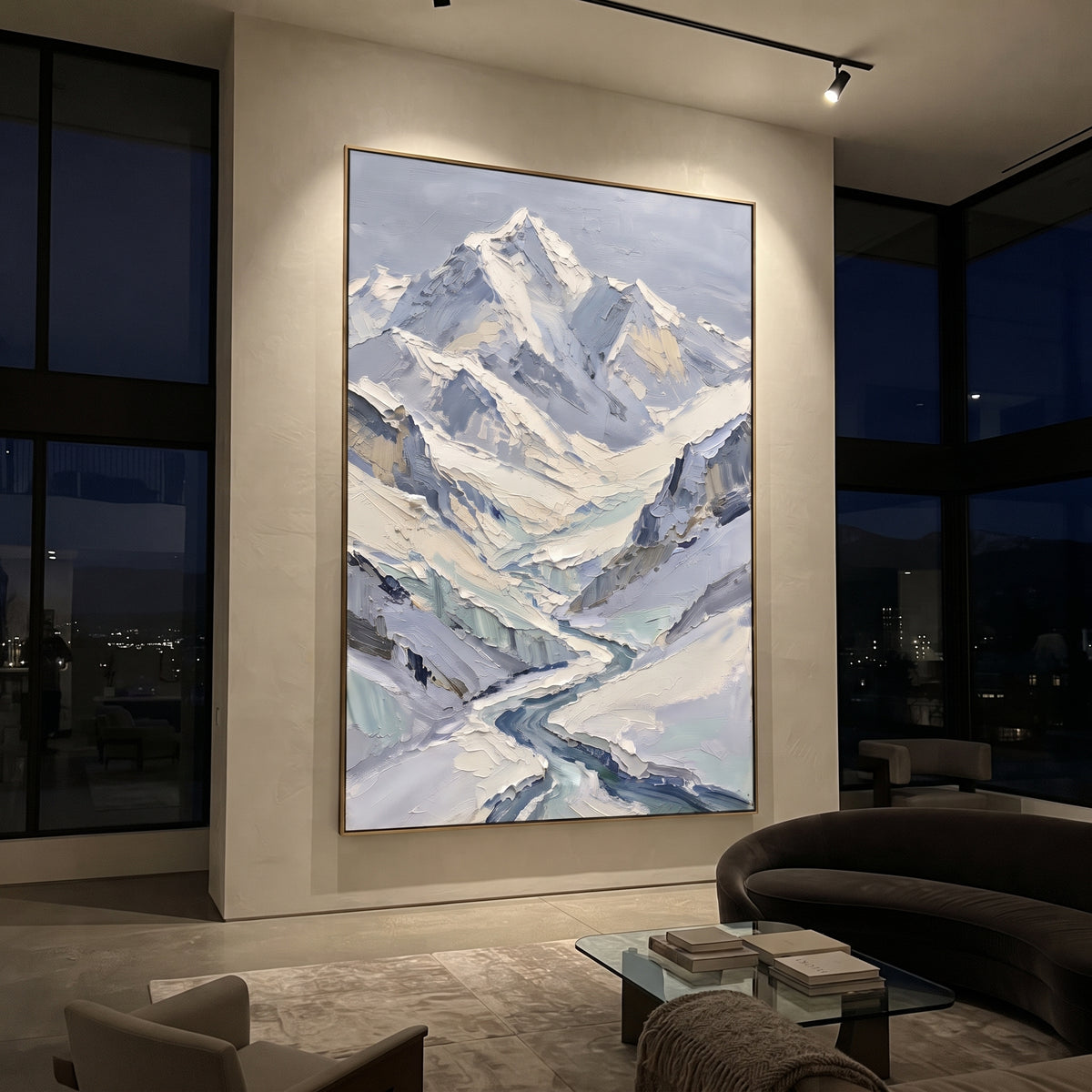 River Valley Snow Peak is written from the actual artwork image, focusing on river valley snow peak with turquoise shadows and a tall mountain above winding water. The visible composition is specific rather than generic: a vertical river valley, turquoise-blue snow shadows, and a tall faceted peak rising above. The tall vertical layout controls how the eye travels through the scene, with the mountain mass, valley floor, tree line, water edge, or small figure details arranged to create depth