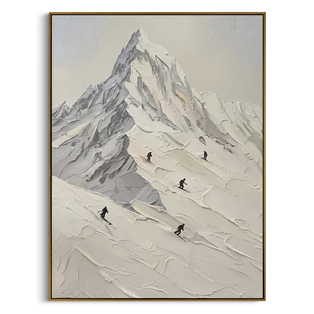 Skier Trail White Peak is written from the actual artwork image, focusing on skier trail white peak with black figures descending beneath a sharp summit. The visible composition is specific rather than generic: a sharp central peak, diagonal skier trail, small black figures, and smooth sculpted snowfields. The tall vertical layout controls how the eye travels through the scene, with the mountain mass, valley floor, tree line, water edge, or small figure details arranged to create depth across