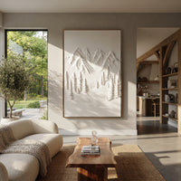 Quiet White Fir Bowl is written from the actual artwork image, focusing on quiet white fir bowl with soft mountains and frosted trees in a recessed valley. The visible composition is specific rather than generic: a calm recessed mountain bowl, frosted fir groups, and white plaster-like snow banks. The tall vertical layout controls how the eye travels through the scene, with the mountain mass, valley floor, tree line, water edge, or small figure details arranged to create depth across the canvas.