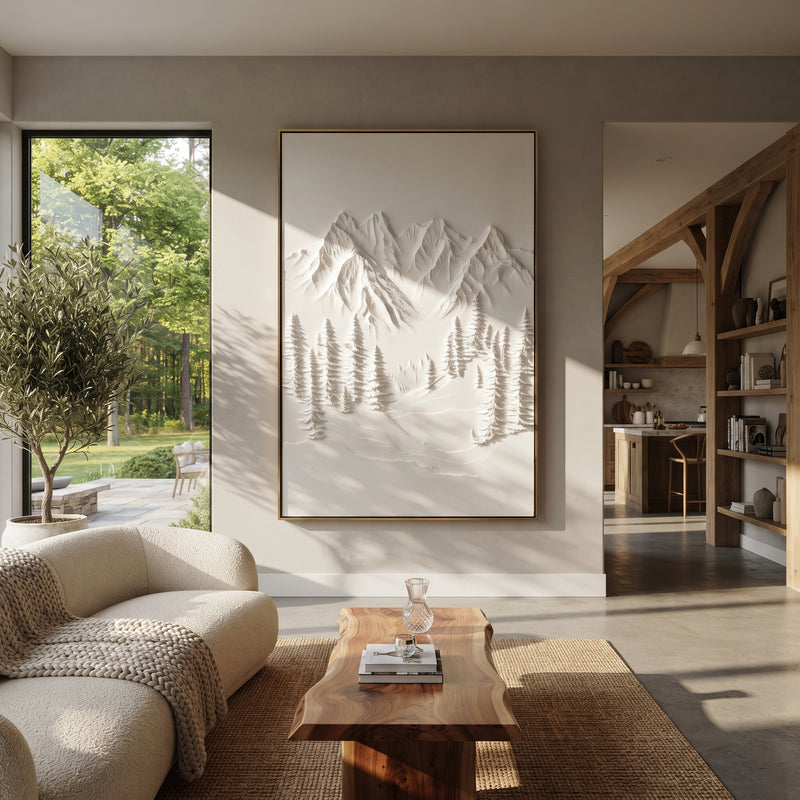 "Quiet White Fir Bowl" - Modern Heavy Impasto Landscape Artwork | White & Gray Palette Knife Painting | Luxury Vertical Wall Art #PT 2313